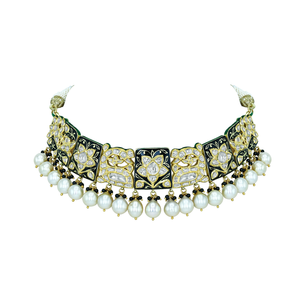 Polki Choker Necklace with Black Enamel and Pearls